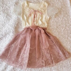 Liz Lisa Kawaii Ivory Pink Chiffon Floral Short Lace-Up Bow Ruffle Dress